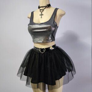 Dolls Kill Sugar Thrillz Black Gothic Praise Me TuTu Skirt W PVC Heart Belt S